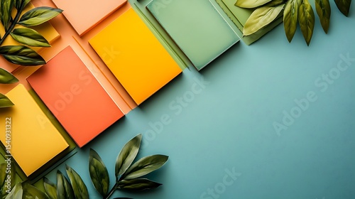 Colorful Book Arrangement with Green Foliage on Turquoise Surface with Copy Space
