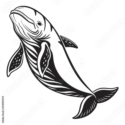 Beluga whale displays intricate line work detailing its smooth skin in a monochrome style