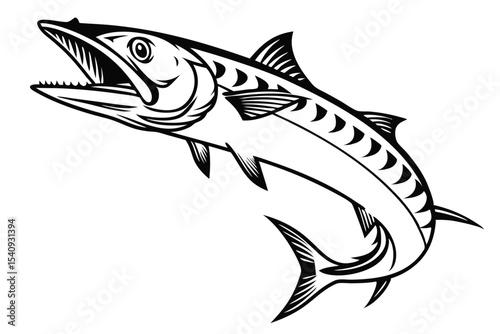 Fierce barracuda shows off its sharp teeth in this black and white line drawing