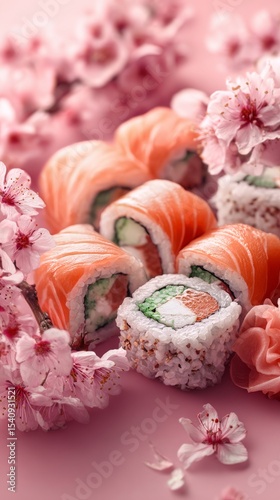 Colorful Sushi Platter Arranged With Pink Cherry Blossoms on a Vibrant Backgr...