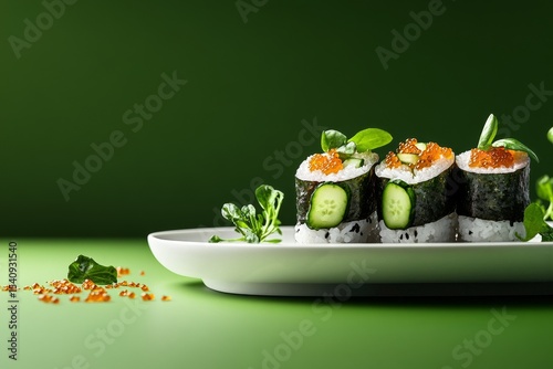 Fresh Cucumber Sushi Rolls Served on a White Plate With Garnishes and Sesame ...