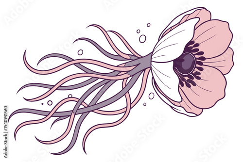 A pale pink anemone flower showcases intriguing tendrils and floating circles in a simple design