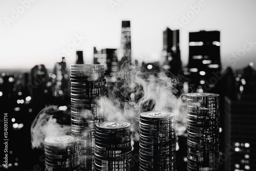 Clouds of Smoke Rise From Stacks of Cryptocurrency Coins Against a City Skyli...