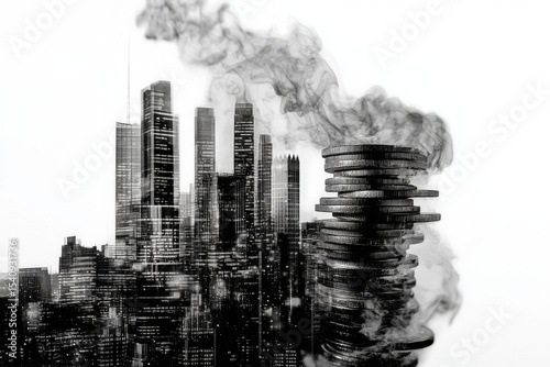 Clouds of Smoke Rise From Stacks of Cryptocurrency Coins Against a City Skyli...