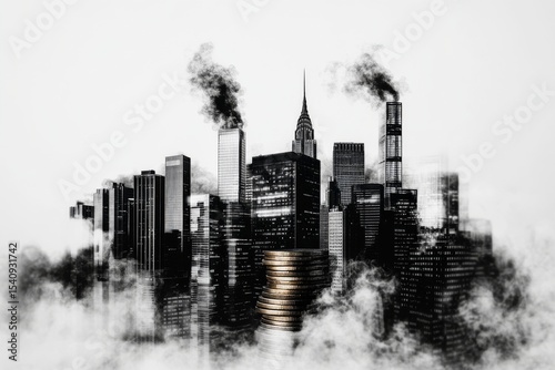 City Skyline With Smoke and Stacked Coins During a Foggy Day in a Busy Urban ...
