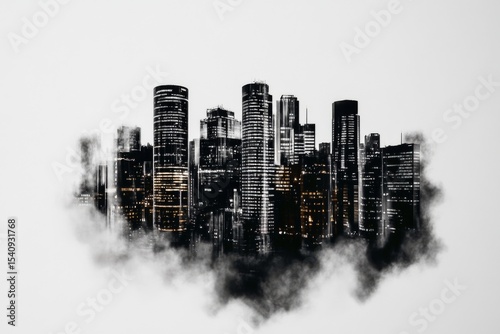 City Skyline With Smoke and Stacked Coins During a Foggy Day in a Busy Urban ...