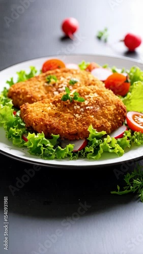 Golden fried chicken cutlets are served on a plate with fresh lettuce, tomatoes, and radishes against a dark background.