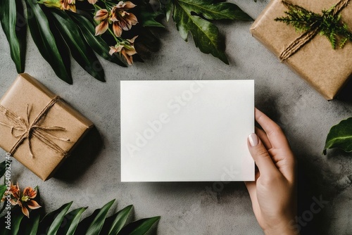Hand Presenting Blank Card Among Wrapped Gifts and Tropical Leaves on Texture...