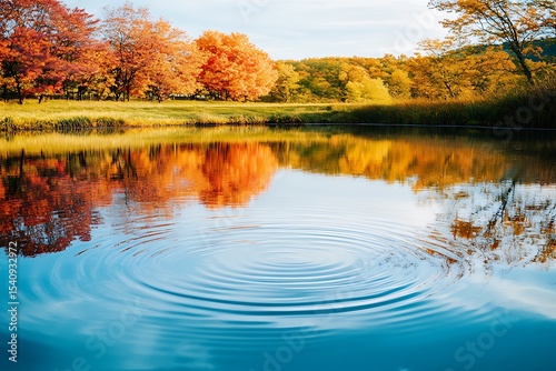 A peaceful lake reflecting vibrant autumn foliage, with gentle ripples in the water.