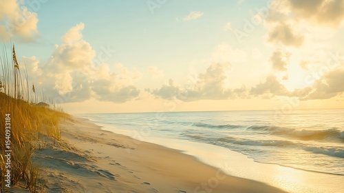 A peaceful sunrise yoga session on the beach with soft golden lighting.