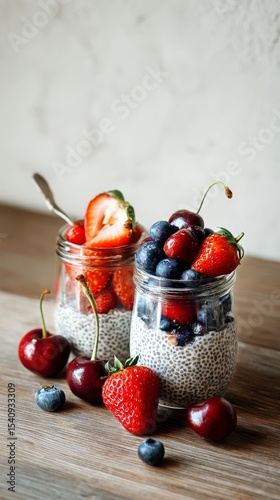 Fresh Fruit and Chia Seed Parfaits Arranged in Jars on a Wooden Table.