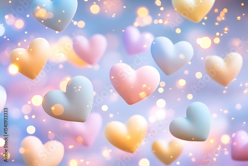A playful background filled with floating pastel-colored hearts and glowing sparkles.