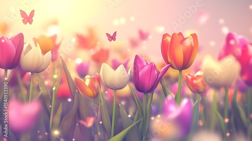 A playful field of colorful tulips with tiny butterflies fluttering around in soft pastel lighting.