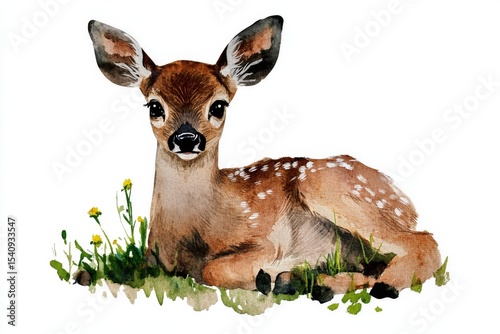 Fawn Resting Among Grass and Flowers on a Sunny Day in a Natural Setting