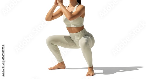Woman in athletic wear performing a squat with hands together on white background
