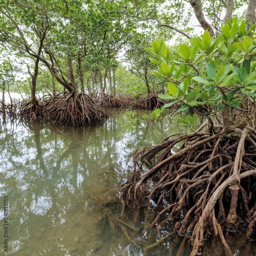a grove of green mangrove trees with exposed roots in a coastal mangrove swamp