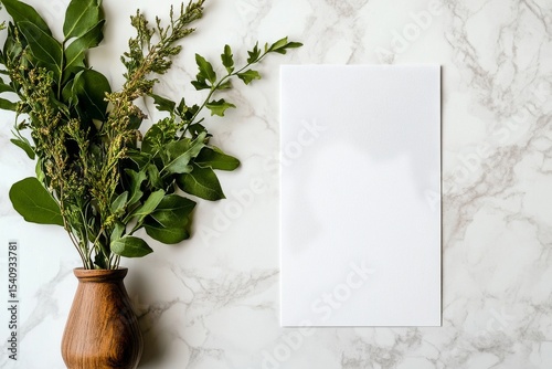 Fresh Greenery Placed in a Wooden Vase Beside a Blank Sheet of Paper on a Mar...