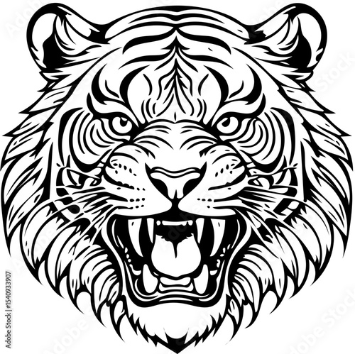 Roaring tiger head, detailed line art tattoo style, black and white vector