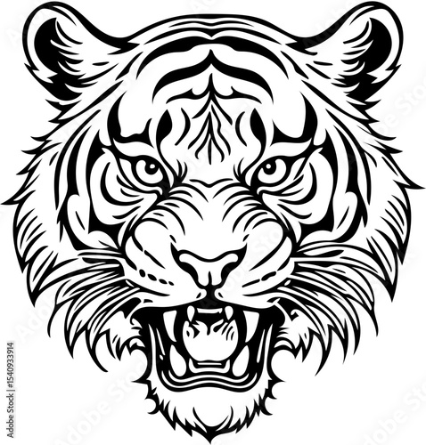 Roaring tiger head, detailed line art tattoo style, black and white vector
