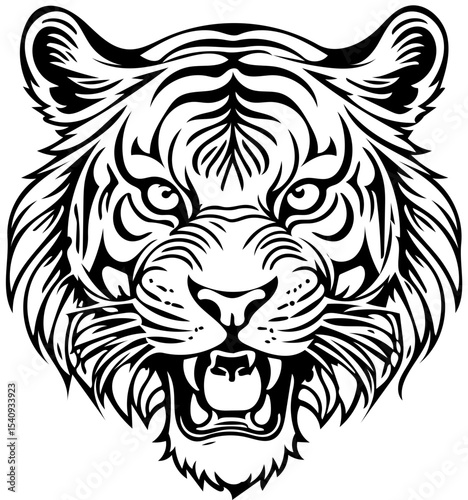 Roaring tiger head, detailed line art tattoo style, black and white vector