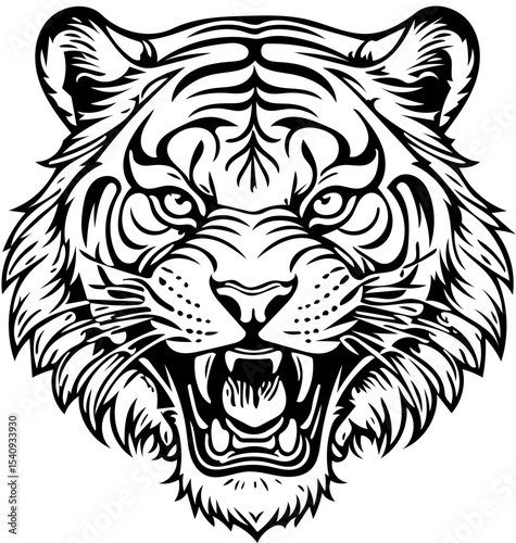 Roaring tiger head, detailed line art tattoo style, black and white vector