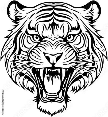 Roaring tiger head, detailed line art tattoo style, black and white vector