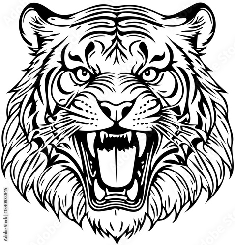 Roaring tiger head, detailed line art tattoo style, black and white vector