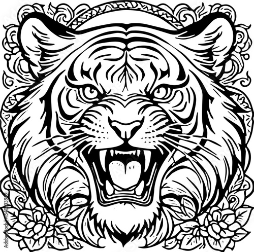 Roaring tiger head, detailed line art tattoo style, black and white vector