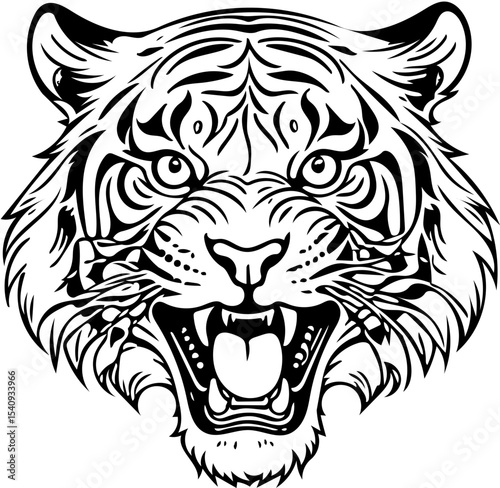 Roaring tiger head, detailed line art tattoo style, black and white vector