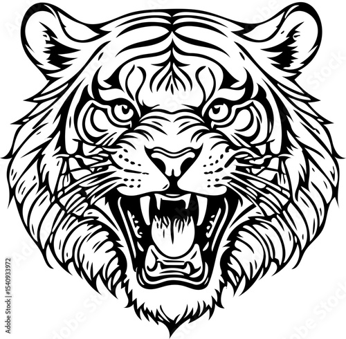 Roaring tiger head, detailed line art tattoo style, black and white vector
