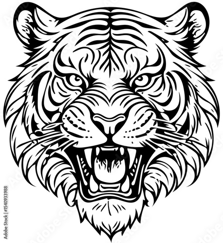Roaring tiger head, detailed line art tattoo style, black and white vector