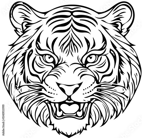 Roaring tiger head, detailed line art tattoo style, black and white vector