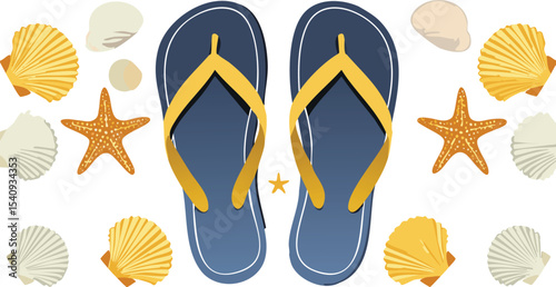 Summer Flip Flops Surrounded by Seashells on Sand