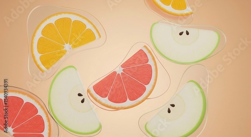 Vibrant, juicy fruit slices in a playful, modern style, symbolizing freshness, healthy lifestyle, natural ingredients, and summer refreshment. Perfect for food, health, or beverage themes.