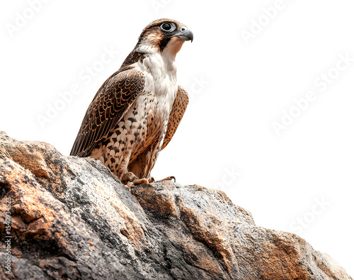 Majestic peregrine falcon perched on a rock against a white background portraying wildlife and avian beauty