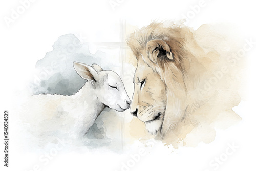 White Lamb and Lion, Bible Concept Watercolor Illustration Isolated on White Background
