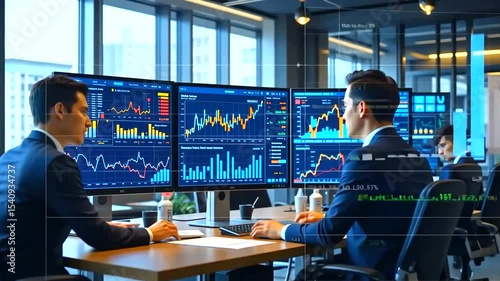 Business professionals analyzing market data on multiple screens