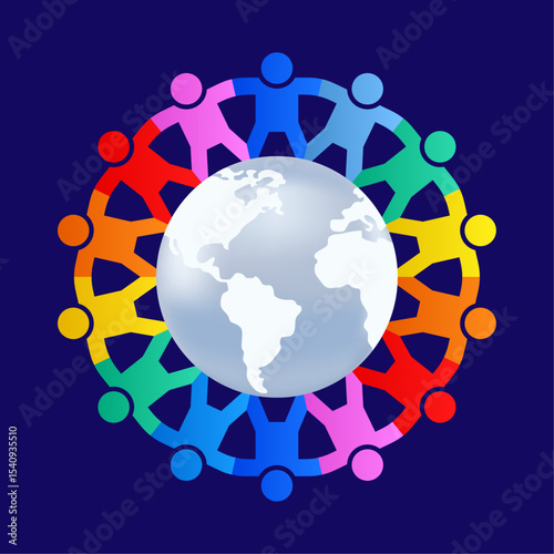 People holding hands forming a gear around of world globe symbol. Vector isolated on blue background.	

