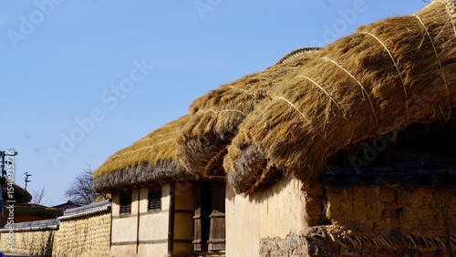 Closeup of a traditional Korean house thatched roof 