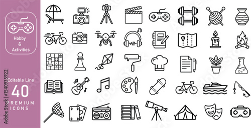 Minimal Monoline Vector Icons of 40 Hobby and Leisure Activities – Line Art Illustrations for Creative, Outdoor, Indoor, DIY, Tech-Based, and Relaxation Interests in UI, Posters, and Infographics