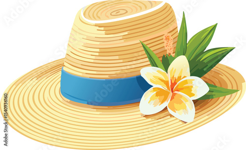 Elegant Sunhat with Ribbon and Tropical Flower Accent