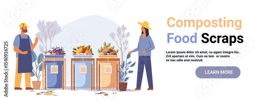 Composting food scraps bins people sorting organic waste plants outdoor eco concept clean background website banner