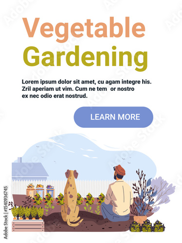 Vegetable gardening man dog backyard plants outdoor nature home garden landscape raised beds colorful flat website banner template