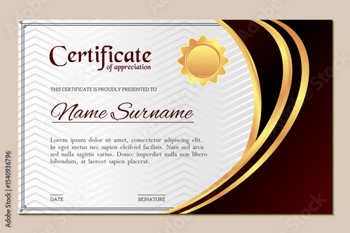 Elegant Certificate of Appreciation Template with Gold Curved Lines and Red Maroon Background