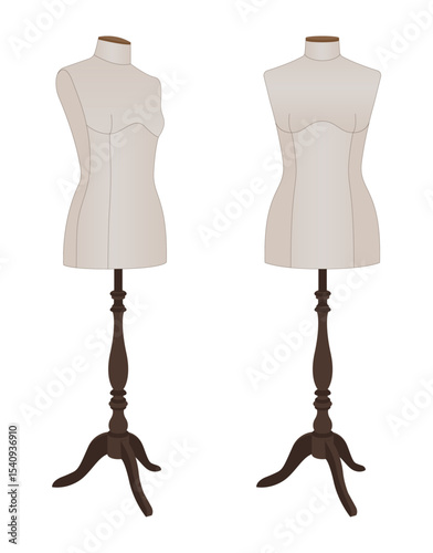 Realistic vector illustration of two female dressmaker mannequins on stands. Tailoring and fashion design forms for garment fitting. Isolated on white background.