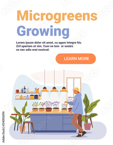Microgreens growing indoor gardening man tending plants modern kitchen potted seedlings houseplants decorative lighting home interior