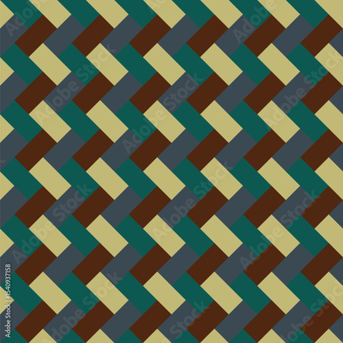 Pattern designed from khaki, teal green, indigo blue and dark brown rectangles