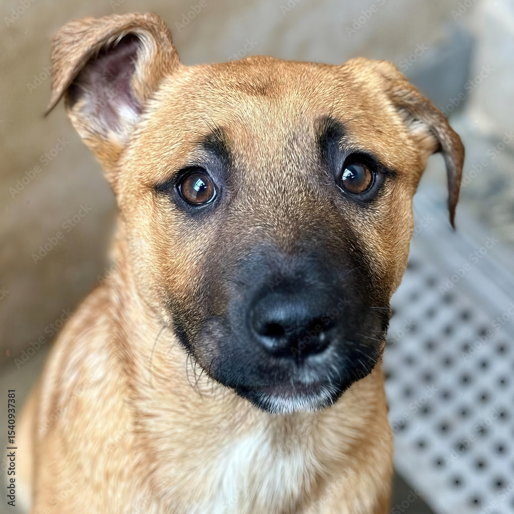 Tan Puppy with Dark Muzzle Sitting Near Wall Tan Puppy with Dark Muzzle Sitting Near Wall