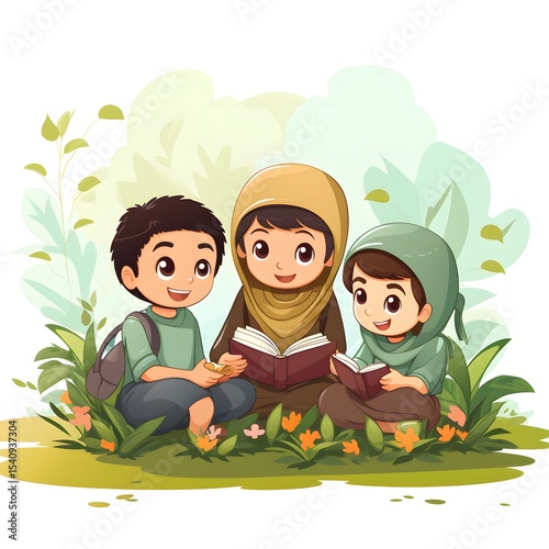 Muslim Kids Reading Book in Nature - Educational Illustration for Children's Learning Materials