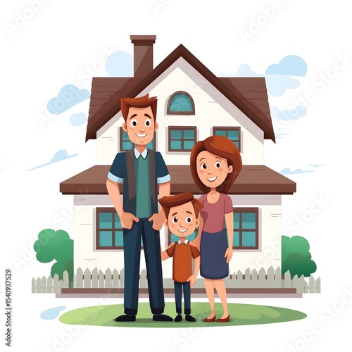 Professional Illustration of a Happy Family Enjoying Time Outside Their Grand and Spacious House